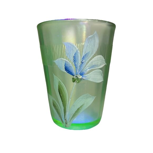 Antique Fenton Carnival Green Vaseline Glass Painted Daisy Flower Tumbler Cup 4” - Picture 8 of 9